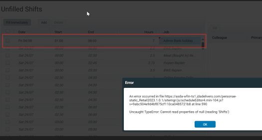 Error message encountered while adding shifts in the Add/Edit feature ...