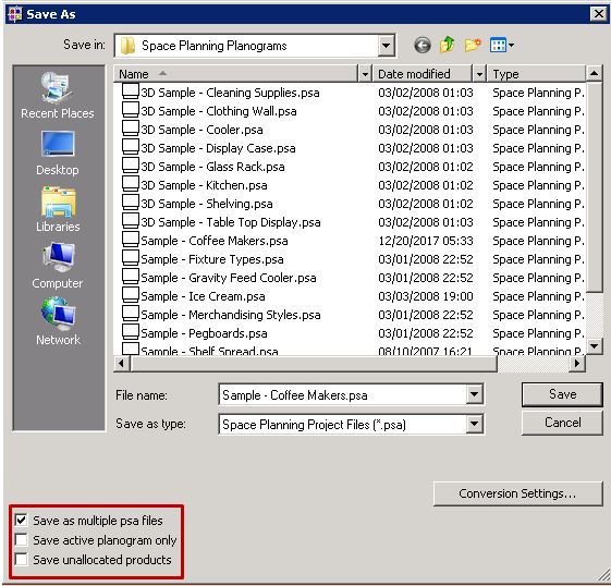 How to save a multiplanogram project as individual planogram files